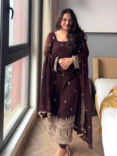 Irresistible Brown Heavy Faux Georgette Embroidered Kurta Set with Matching Pant Ready To Wear Suit