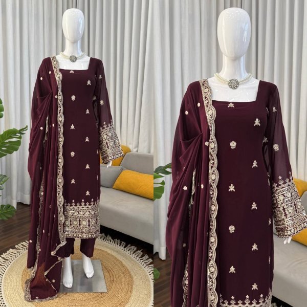 Irresistible Brown Heavy Faux Georgette Embroidered Kurta Set with Matching Pant Ready To Wear Collection