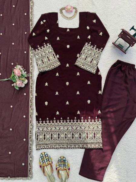 Irresistible Brown Heavy Faux Georgette Embroidered Kurta Set with Matching Pant Ready To Wear Collection