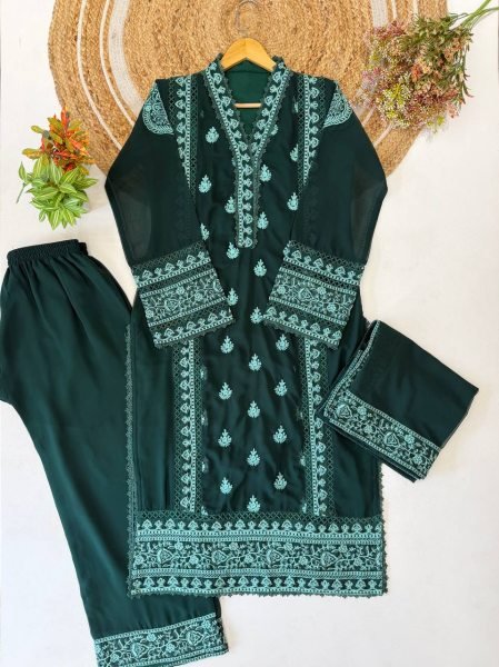 Irresistible Green Designer Georgette Suit Set with Matching Embroidered Dupatta Ready To Wear Collection