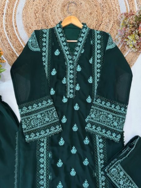 Irresistible Green Designer Georgette Suit Set with Matching Embroidered Dupatta Ready To Wear Collection