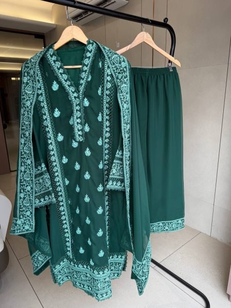 Irresistible Green Designer Georgette Suit Set with Matching Embroidered Dupatta Ready To Wear Collection