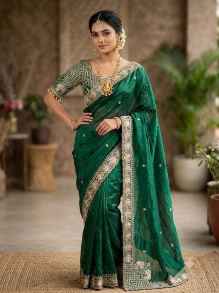 Irresistible Green Wedding Wear Fendy Satin Saree with Sequins and Mirror Embroidery at Manufacturer Rate Designer Wedding Sarees Wholesale