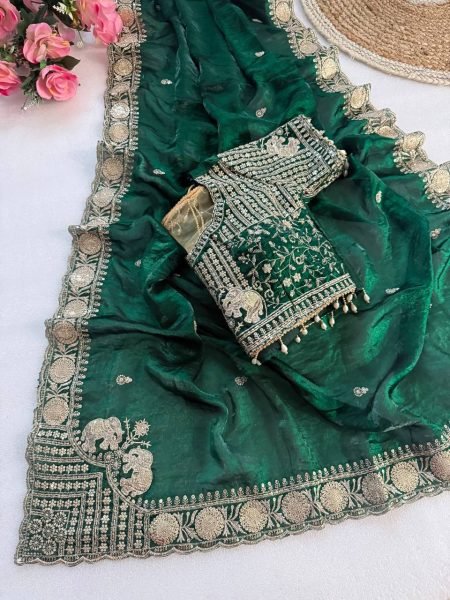Irresistible Green Wedding Wear Fendy Satin Saree with Sequins and Mirror Embroidery at Manufacturer Rate Designer Wedding Sarees Wholesale