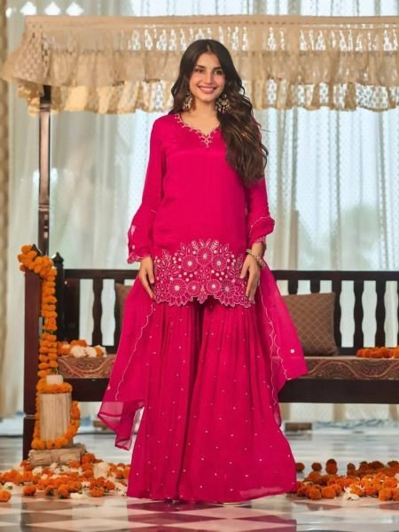 Irresistible Hot Pink Party Wear Heavy Chinon Silk Sharara Suit with Moti Work For Wholesale Rate Ready To Wear Suit