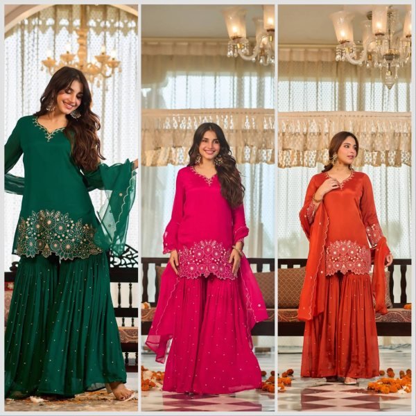 Irresistible Hot Pink Party Wear Heavy Chinon Silk Sharara Suit with Moti Work For Wholesale Rate Ready To Wear Collection