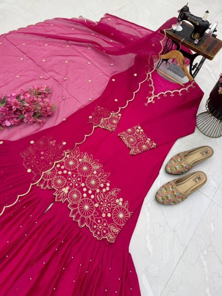 Irresistible Hot Pink Party Wear Heavy Chinon Silk Sharara Suit with Moti Work For Wholesale Rate Ready To Wear Collection