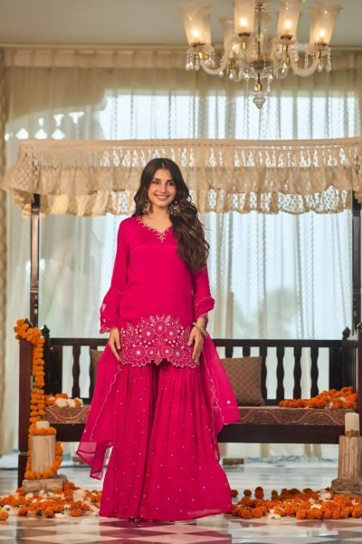 Irresistible Hot Pink Party Wear Heavy Chinon Silk Sharara Suit with Moti Work For Wholesale Rate Ready To Wear Collection