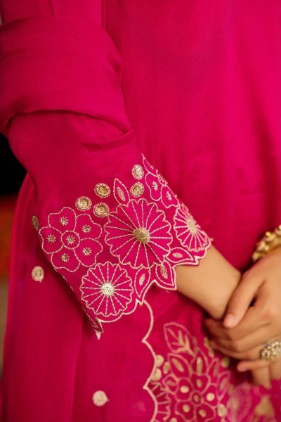 Irresistible Hot Pink Party Wear Heavy Chinon Silk Sharara Suit with Moti Work For Wholesale Rate Ready To Wear Collection