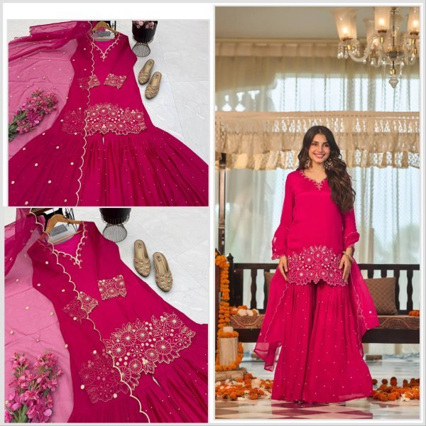 Irresistible Hot Pink Party Wear Heavy Chinon Silk Sharara Suit with Moti Work For Wholesale Rate Ready To Wear Collection