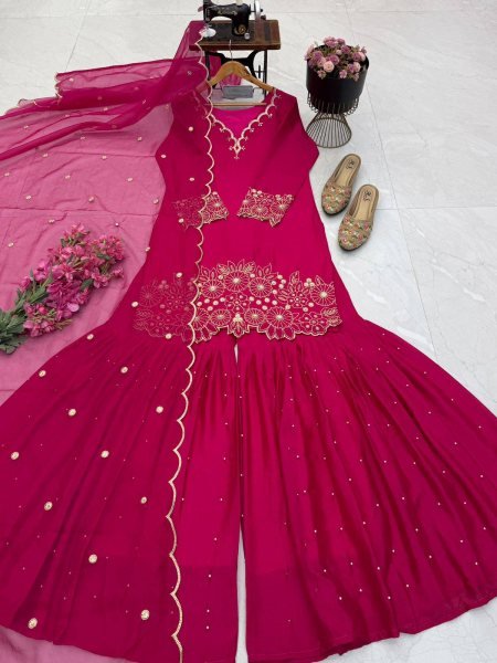 Irresistible Hot Pink Party Wear Heavy Chinon Silk Sharara Suit with Moti Work For Wholesale Rate Ready To Wear Collection