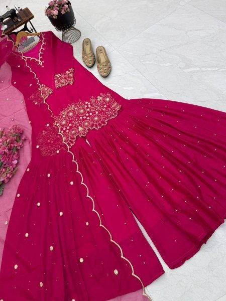 Irresistible Hot Pink Party Wear Heavy Chinon Silk Sharara Suit with Moti Work For Wholesale Rate Ready To Wear Collection