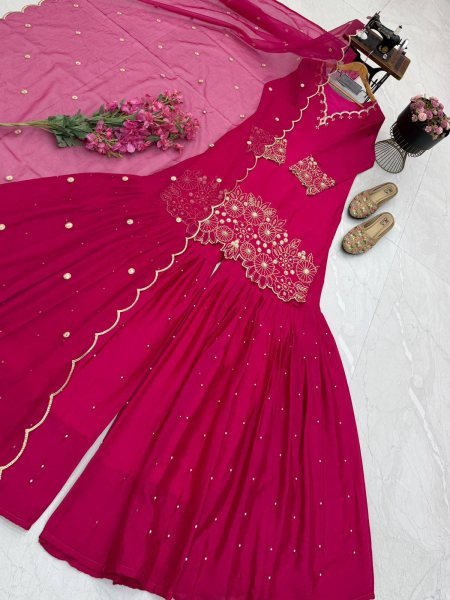 Irresistible Hot Pink Party Wear Heavy Chinon Silk Sharara Suit with Moti Work For Wholesale Rate Ready To Wear Collection