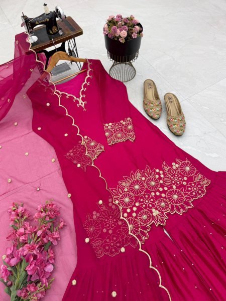 Irresistible Hot Pink Party Wear Heavy Chinon Silk Sharara Suit with Moti Work For Wholesale Rate Ready To Wear Collection