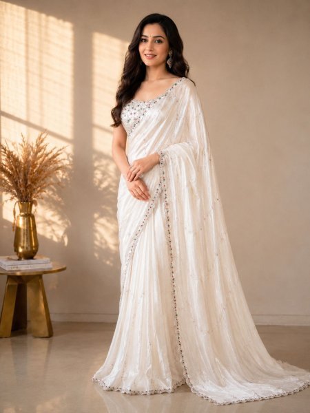 Irresistible Ivory Space Silk Saree with Jarkan Stone Work Designer Blouse Sarees 