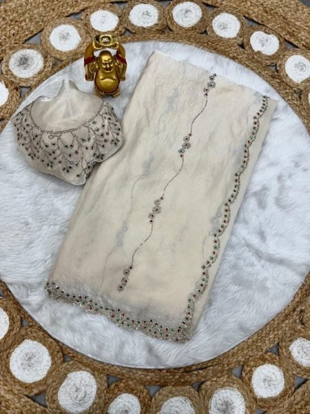Irresistible Ivory Space Silk Saree with Jarkan Stone Work Designer Blouse Bollywood Fancy Sarees Wholesale