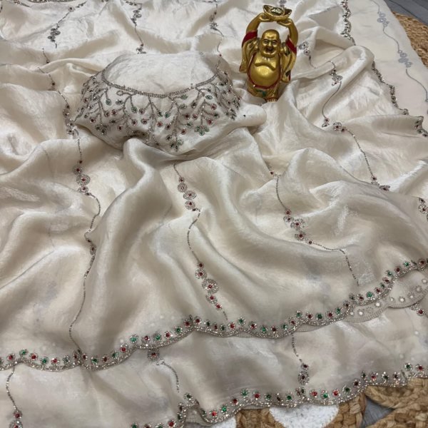 Irresistible Ivory Space Silk Saree with Jarkan Stone Work Designer Blouse Bollywood Fancy Sarees Wholesale