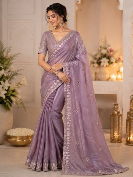 Irresistible Lavender Fancy Designer Saree for Festive and Reception Wear 