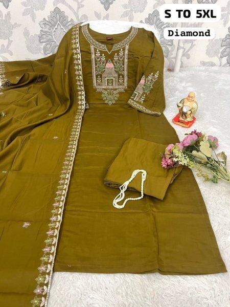 Irresistible Mahendi Green Two Tone Kurti Pant Dupatta Set with Diamond Work 