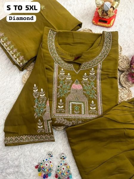 Irresistible Mahendi Green Two Tone Kurti Pant Dupatta Set with Diamond Work Embroidery Kurtis 