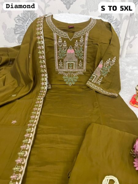 Irresistible Mahendi Green Two Tone Kurti Pant Dupatta Set with Diamond Work Embroidery Kurtis 