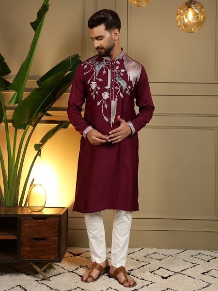 Irresistible Maroon Designer Men's Viscose Silk Kurta Pyjama with Embroidery Work 