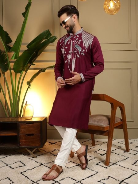 Irresistible Maroon Designer Men's Viscose Silk Kurta Pyjama with Embroidery Work Kurta Pajama Wholesale