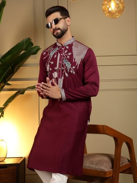 Irresistible Maroon Designer Men's Viscose Silk Kurta Pyjama with Embroidery Work Kurta Pajama Wholesale