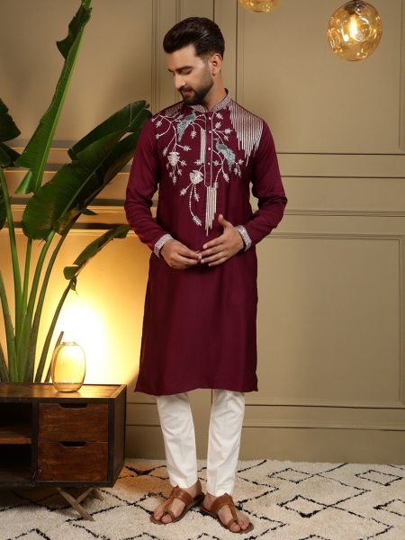 Irresistible Maroon Designer Men's Viscose Silk Kurta Pyjama with Embroidery Work Kurta Pajama Wholesale
