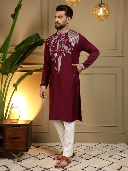 Irresistible Maroon Designer Men's Viscose Silk Kurta Pyjama with Embroidery Work Kurta Pajama Wholesale