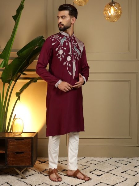 Irresistible Maroon Designer Men's Viscose Silk Kurta Pyjama with Embroidery Work Kurta Pajama Wholesale