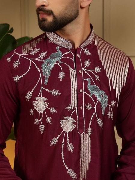 Irresistible Maroon Designer Men's Viscose Silk Kurta Pyjama with Embroidery Work Kurta Pajama Wholesale