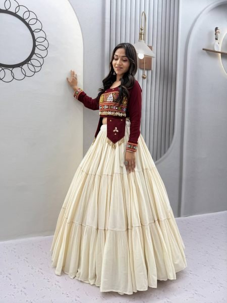 Irresistible Maroon Kora Cotton Lehenga with Heavy Ribbon Work and Handworked Top 