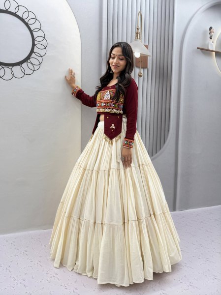 Irresistible Maroon Kora Cotton Lehenga with Heavy Ribbon Work and Handworked Top Navratri Lehnega Choli