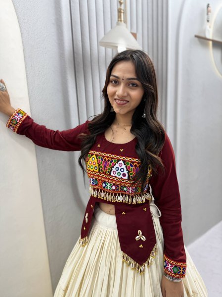 Irresistible Maroon Kora Cotton Lehenga with Heavy Ribbon Work and Handworked Top Navratri Lehnega Choli