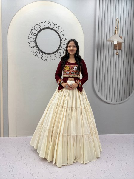 Irresistible Maroon Kora Cotton Lehenga with Heavy Ribbon Work and Handworked Top Navratri Lehnega Choli