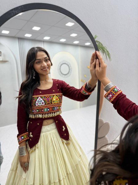 Irresistible Maroon Kora Cotton Lehenga with Heavy Ribbon Work and Handworked Top Navratri Lehnega Choli