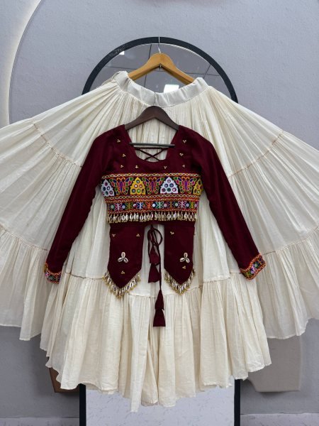 Irresistible Maroon Kora Cotton Lehenga with Heavy Ribbon Work and Handworked Top Navratri Lehnega Choli