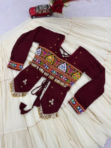Irresistible Maroon Kora Cotton Lehenga with Heavy Ribbon Work and Handworked Top Navratri Lehnega Choli