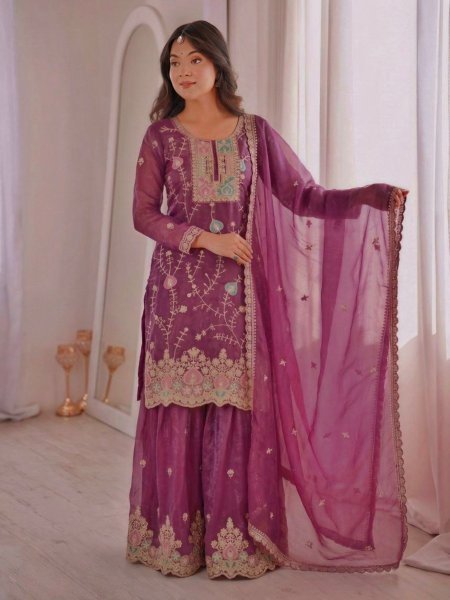 Irresistible Mauve Designer Fendy Silk Suit Set with Coding Sequence Work for Party Wear Ready To Wear Suit