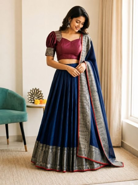 Irresistible Navy Blue Boutique Quality Silk Lehenga with Rani Pink Stitched Blouse Half Saree Lehenga
