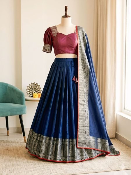 Irresistible Navy Blue Boutique Quality Silk Lehenga with Rani Pink Stitched Blouse Half Saree Lehenga
