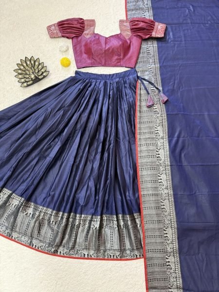 Irresistible Navy Blue Boutique Quality Silk Lehenga with Rani Pink Stitched Blouse Half Saree Lehenga