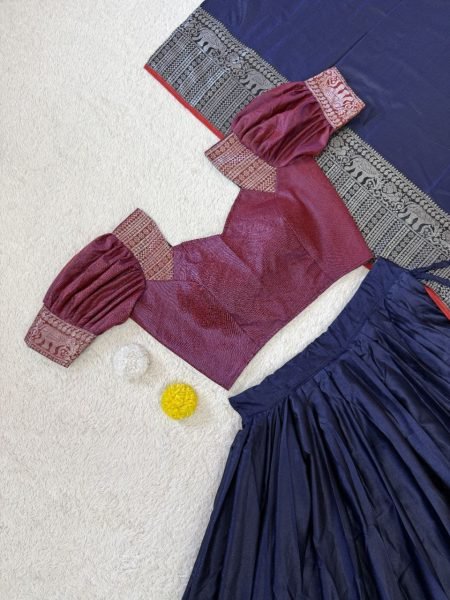 Irresistible Navy Blue Boutique Quality Silk Lehenga with Rani Pink Stitched Blouse Half Saree Lehenga