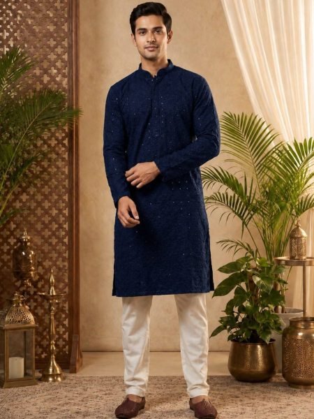 Irresistible Navy Blue Men's Long Chikankari Kurta Pajama Set in Premium Rayon Fabric 