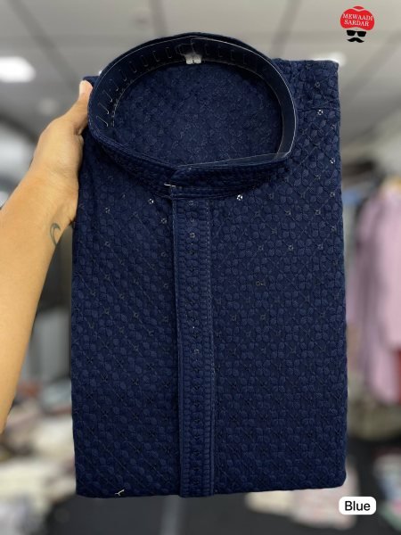 Irresistible Navy Blue Men's Long Chikankari Kurta Pajama Set in Premium Rayon Fabric Kurta Pajama Wholesale