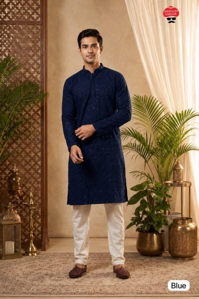 Irresistible Navy Blue Men's Long Chikankari Kurta Pajama Set in Premium Rayon Fabric Kurta Pajama Wholesale