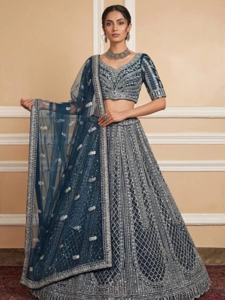 Irresistible Navy Blue Net Lehenga with Silver Embroidery for Wedding Wear  Lehenga