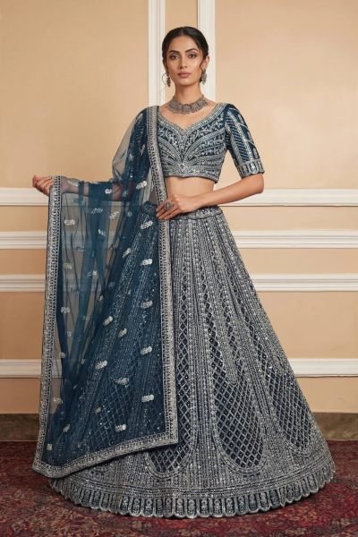 Irresistible Navy Blue Net Lehenga with Silver Embroidery for Wedding Wear Bridal Lehenga Choli