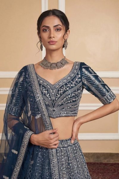 Irresistible Navy Blue Net Lehenga with Silver Embroidery for Wedding Wear Bridal Lehenga Choli